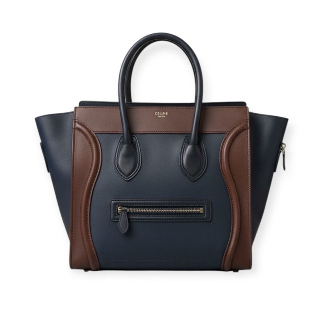 Celine Tricolor Navy Blue Brown & Black Mini Luggage Tote Bag Auth